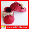 Cheap price summer new western designer red and gold cow leather bow 2015 infant shoes for baby girl